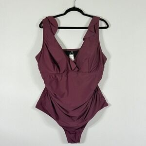 NEW Cupshe Womens 3X Swimsuit Burgundy Ruffle V Neck Ruched 1 Piece Vacation